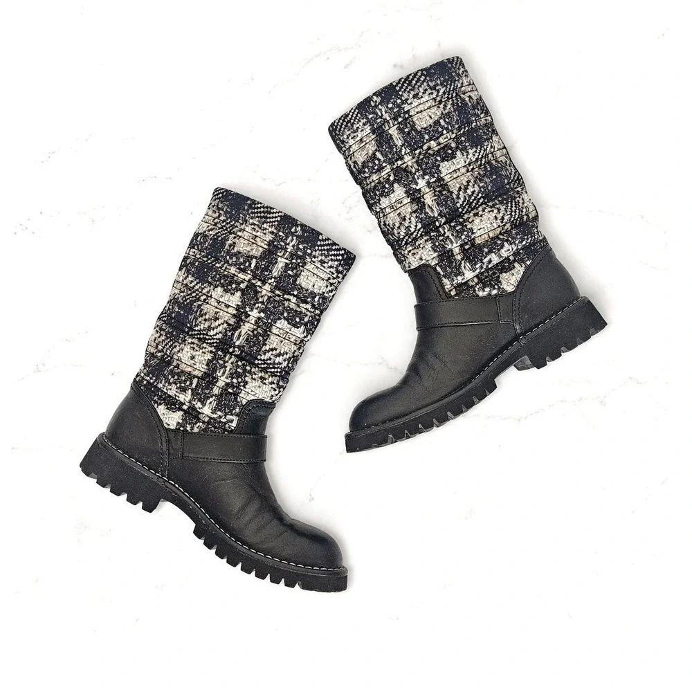 Chanel Calfskin Tweed Nylon Printed Boots 37.5 Black CC Logo Lug Sole